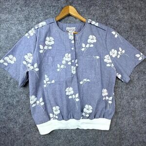 Vintage Cabrais Blouse Top Womens 16 Blue White Floral Coastal Chic Banded Waist